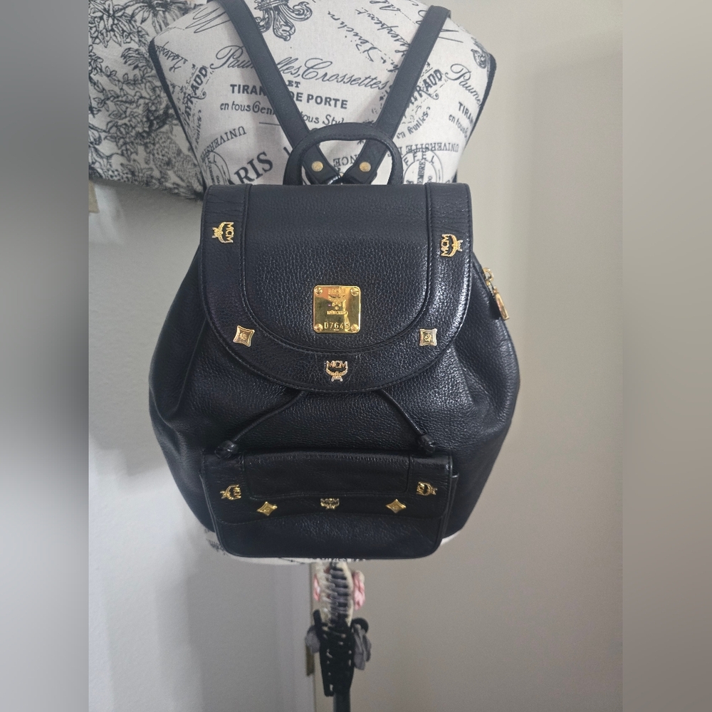 MCM Black Leather Logo Studded Backpack with Gold Hardware comes with COA - Picture 2 of 16